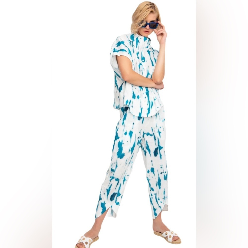 Ozai N Ku Linen Tulip Pants White Turquoise Tie Dye Coastal Resort Size S Summer - Picture 3 of 12
